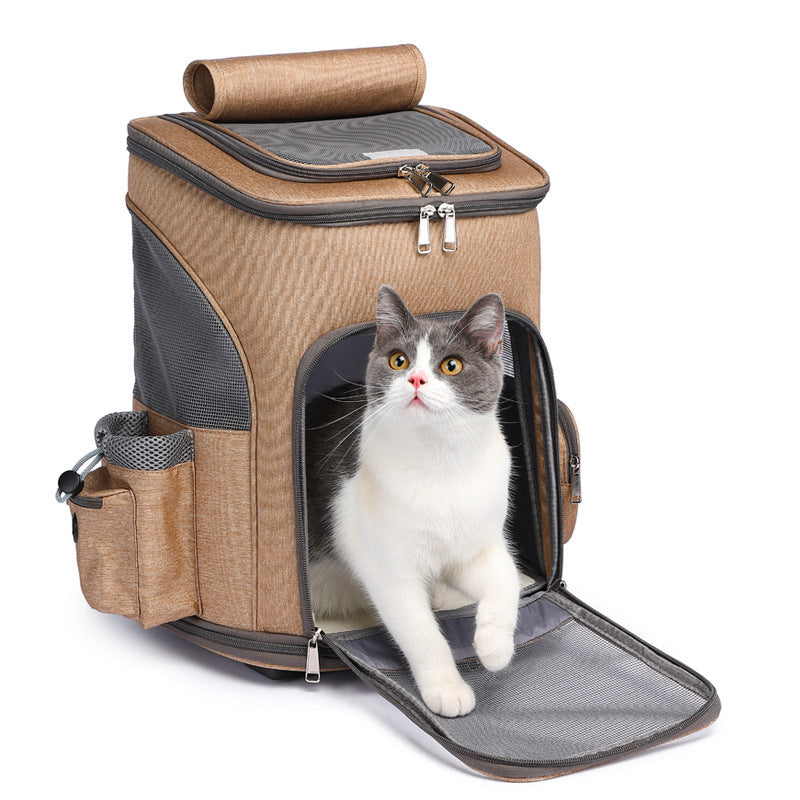 Portable Folding Trolley Pet Backpack Traveling Cat Backpack With Universal Wheel Trolley Pet Bag - petshop4ever.com