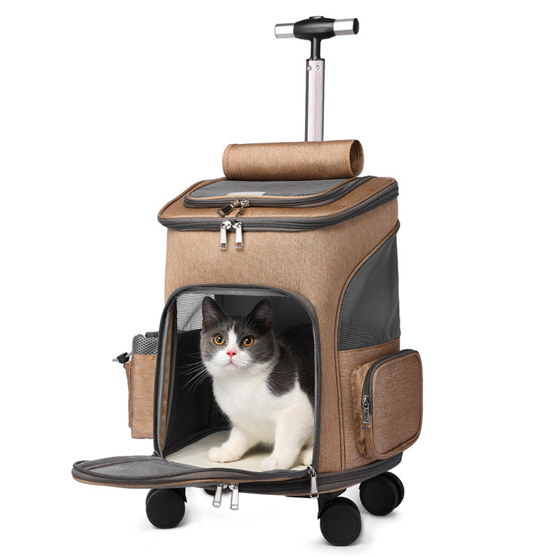 Portable Folding Trolley Pet Backpack Traveling Cat Backpack With Universal Wheel Trolley Pet Bag - petshop4ever.com